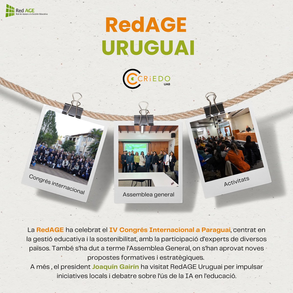 La RedAGE ha celebrat el seu IV Congrés Internacional a Carapeguá (Paraguai), sota el lema Educació i Gestió de Qualitat per al Desenvolupament Sostenible, amb la participació d’acadèmics, investigadors i referents educatius de diversos països d’Amèrica Llatina i Espanya.