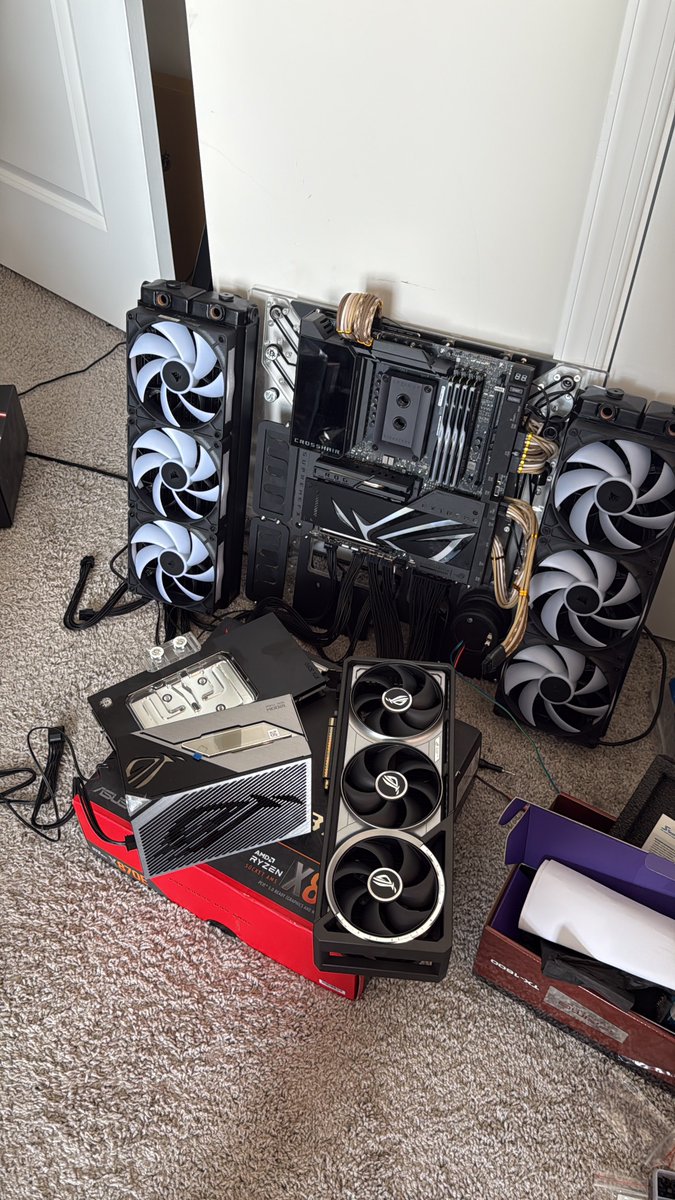 So far so good. <a href="/SingularityC/">SingularityComputers</a> Portal wall full <a href="/ASUS_ROG/">ROG Global</a> extreme x870E MB along with the RTX Astral OC 5090 and using the <a href="/BitspowerHQ/">Bitspower</a> WB powered by the ROG V3 1200W Thor PSU. CPU is a 9800X3D with a <a href="/Optimus_WC/">Optimus Advanced Water Cooling</a> WB.  #watercooling #customloop #PCgaming