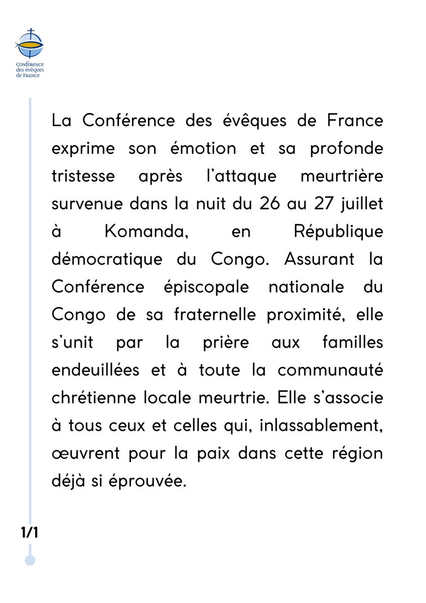 Eglisecatho's tweet image. La #CEF exprime son émotion et sa profonde tristesse après l’attaque meurtrière survenue en République démocratique du #Congo.