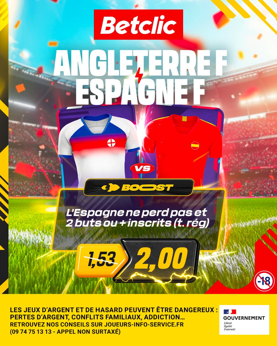 Betclic's tweet image. BOOOOOST #ANGESP ๐
L'Espagne solide face ร l'Angleterre ? On booste la cote "L'Espagne ne perd pas et 2 buts ou + inscrits (t. rรฉg)" ร 2,00 ๐ค
โ ๏ธ Mise max 10โฌ // Dispo jusqu'au coup d'envoi
