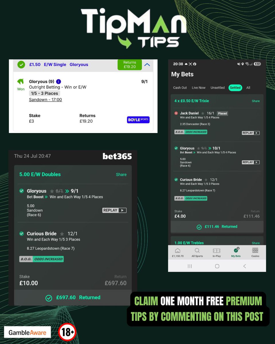 Tipman Tips (@tip_man_tips) on Twitter photo π― BIG WIN ALERT! π―
Another huge return for Tipman followers π₯πΈ
π₯ Β£10 E/W Double returned a MASSIVE Β£697.60
β
Gloryous β 9/1 WINNER
β
Curious Bride β 12/1 WINNER
π° Profit from singles, doubles, AND the trixie!
π² Proofβs in the slips β results donβt lie!
π¬ Want in on the π― BIG WIN ALERT! π―
Another huge return for Tipman followers π₯πΈ
π₯ Β£10 E/W Double returned a MASSIVE Β£697.60
β
Gloryous β 9/1 WINNER
β
Curious Bride β 12/1 WINNER
π° Profit from singles, doubles, AND the trixie!
π² Proofβs in the slips β results donβt lie!
π¬ Want in on the