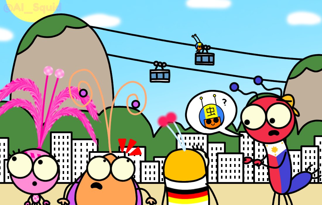AI_Squid's tweet image. Ah, Brazil! Such a view... wait, Nassan si Wèi? 🏖️ 🏙️ 🇧🇷
#TheLingoShow #OC