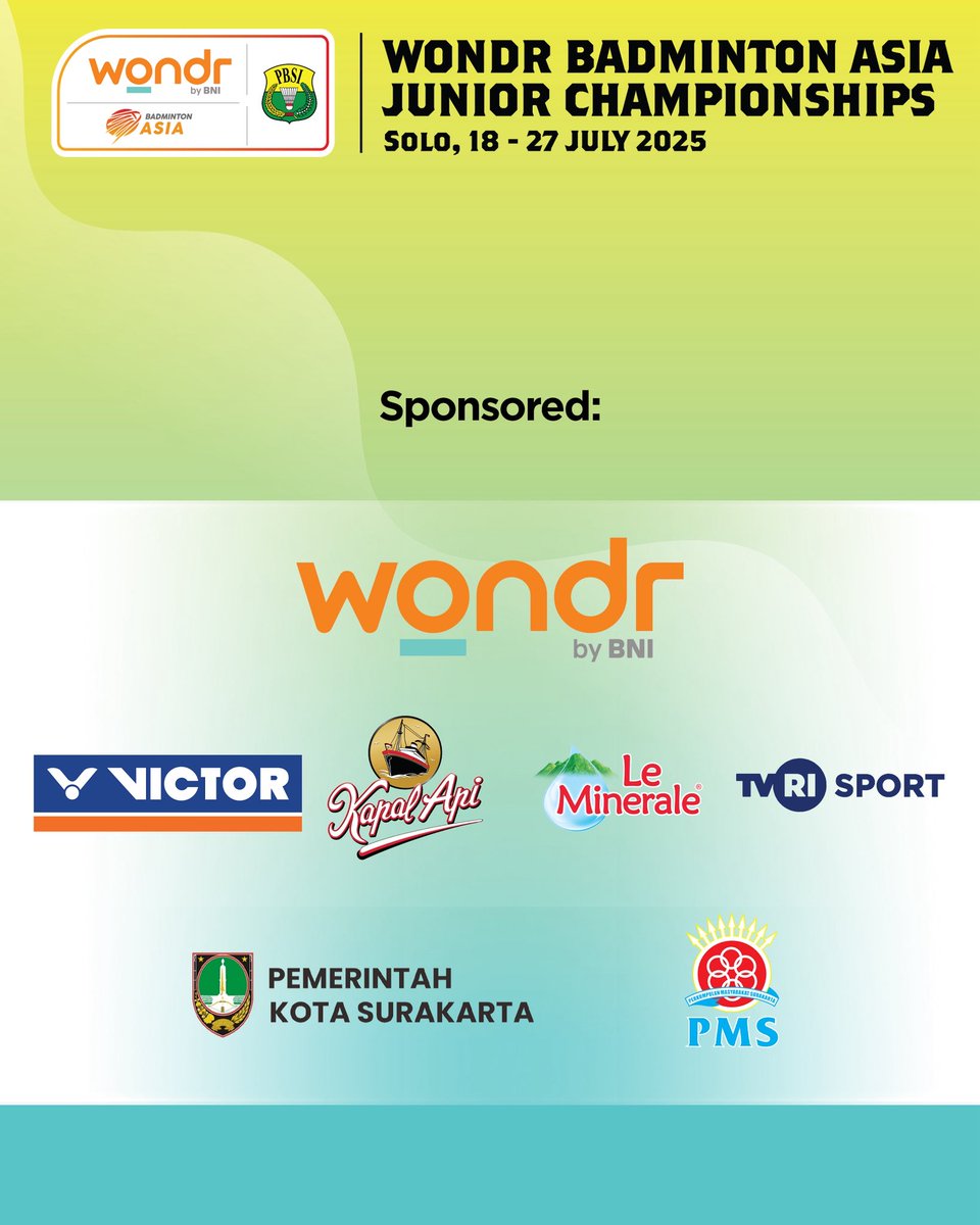 INABadminton's tweet image. Berkat dukungan dari para sponsor maka Kejuaraan WONDR Badminton Asia Junior Championships 2025 dapat terselenggara dengan sukses 🏸🏸🏸

Terima kasih kepada WONDR by BNI yang selalu setia menjadi sponsor utama dan juga kepada sponsor-sponsor pendukung lainnya. 

Kolaborasi ini…