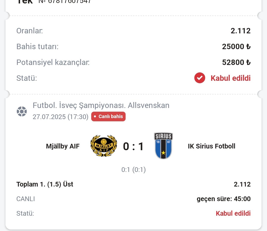 Mjalby takım 1,5 gol üst : 2.11

25.000tl 👉🏻 52.800tl ⏳
