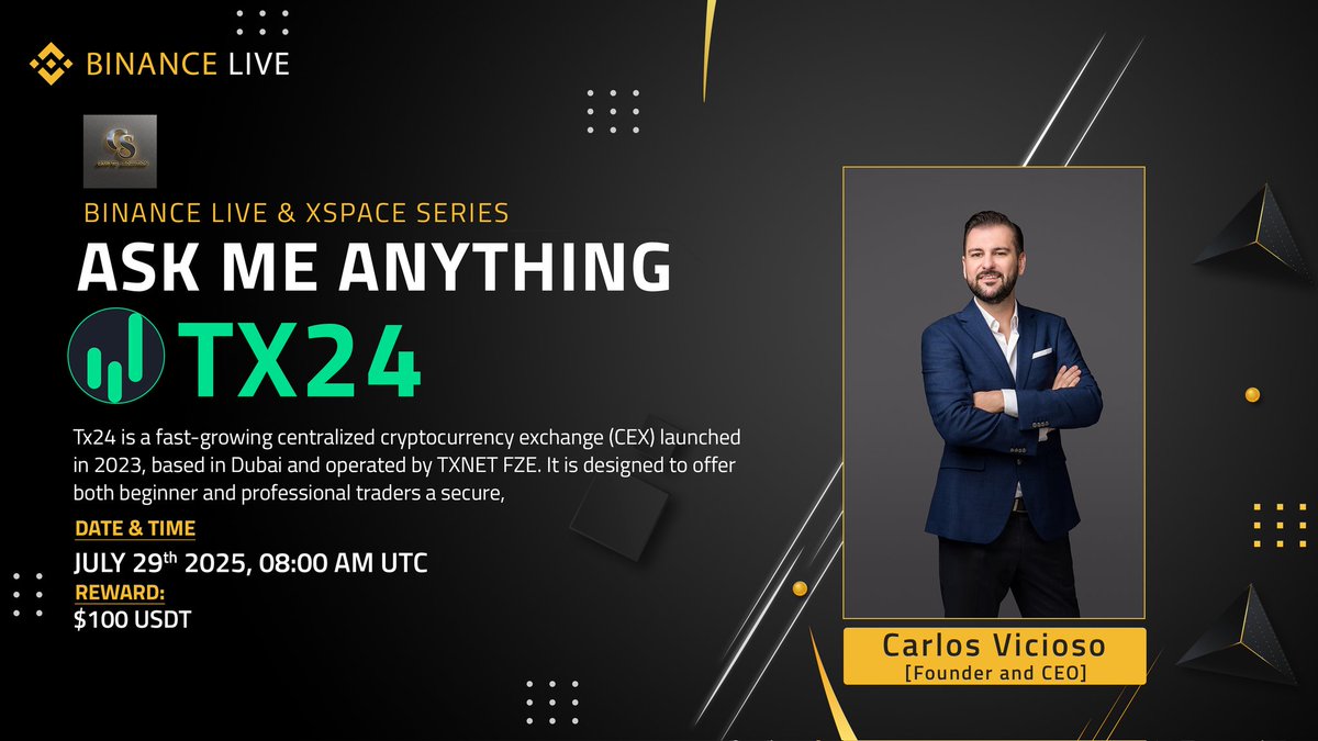 CryptoSolutionG's tweet image. 🔊We Are Present More Exciting  #BinanceLiveAMA &amp;amp; #XSPACE Broadcast With Tx24

⏰ Date : 29th July 2025
🕒Time : 08:00 AM UTC
💰Reward : $100 USDT  

💬 Guest : 
&amp;gt; Carlos Vicioso
[ Founder and CEO ]

🏠𝙑𝙀𝙉𝙐𝙀 :  Binance Live &amp;amp; X 
             
⚡Join Binance Live AMA :…