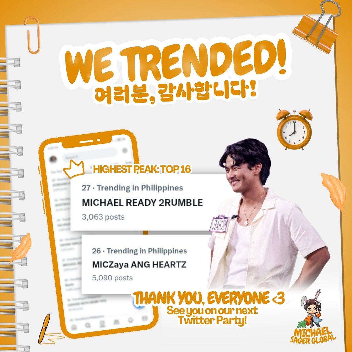 SAGERGLOBAL's tweet image. Daebak! We trended with 2 tags!

Thank you so much to everyone who joined our TP for Michael! Your time and effort means the world to us. Special thanks to @MicZ_AzMichael @TeamMILI_OFC @MICHAELVEEOFC and @BEMWOFC for the support—we deeply appreciate it 🧡

#MichaelSager