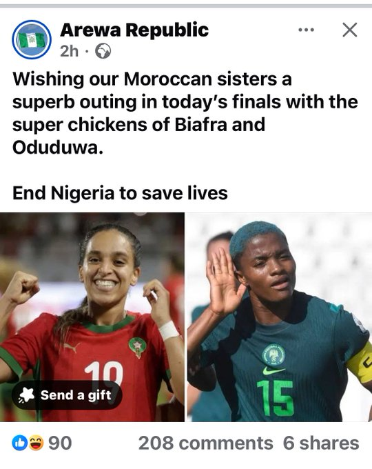 For the record, Arewa Twitter supported Morrocco against Nigeria's Female Soccer Team...

These are the people you want to do "One Nigeria" with...