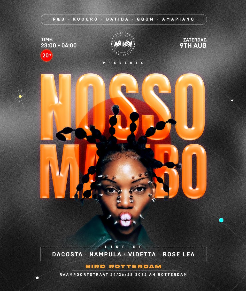 Get ready for Nosso Mambo at BIRD Rotterdam on August 9th! 🔥

Dive into the raw beats of Kuduro &amp; Batida, with a mix of Amapiano &amp; Gqom. No two nights are the same.  expect genre-bending sets &amp; electrifying energy. 🌍🎶

Don't miss out!  #NossoMambo #RotterdamNights