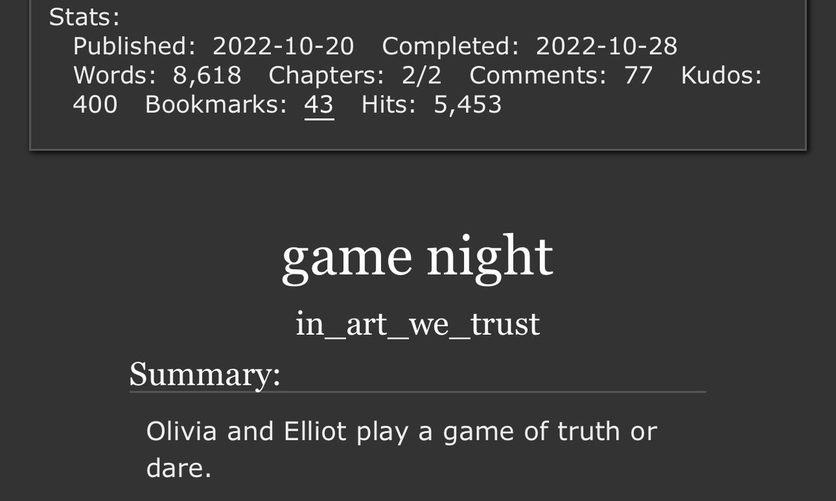 in_art_we_trust's tweet image. oh my god i can’t believe game night has 400 kudos THANK YOU GUYS SOOO MUCH
archiveofourown.org/works/42517020
