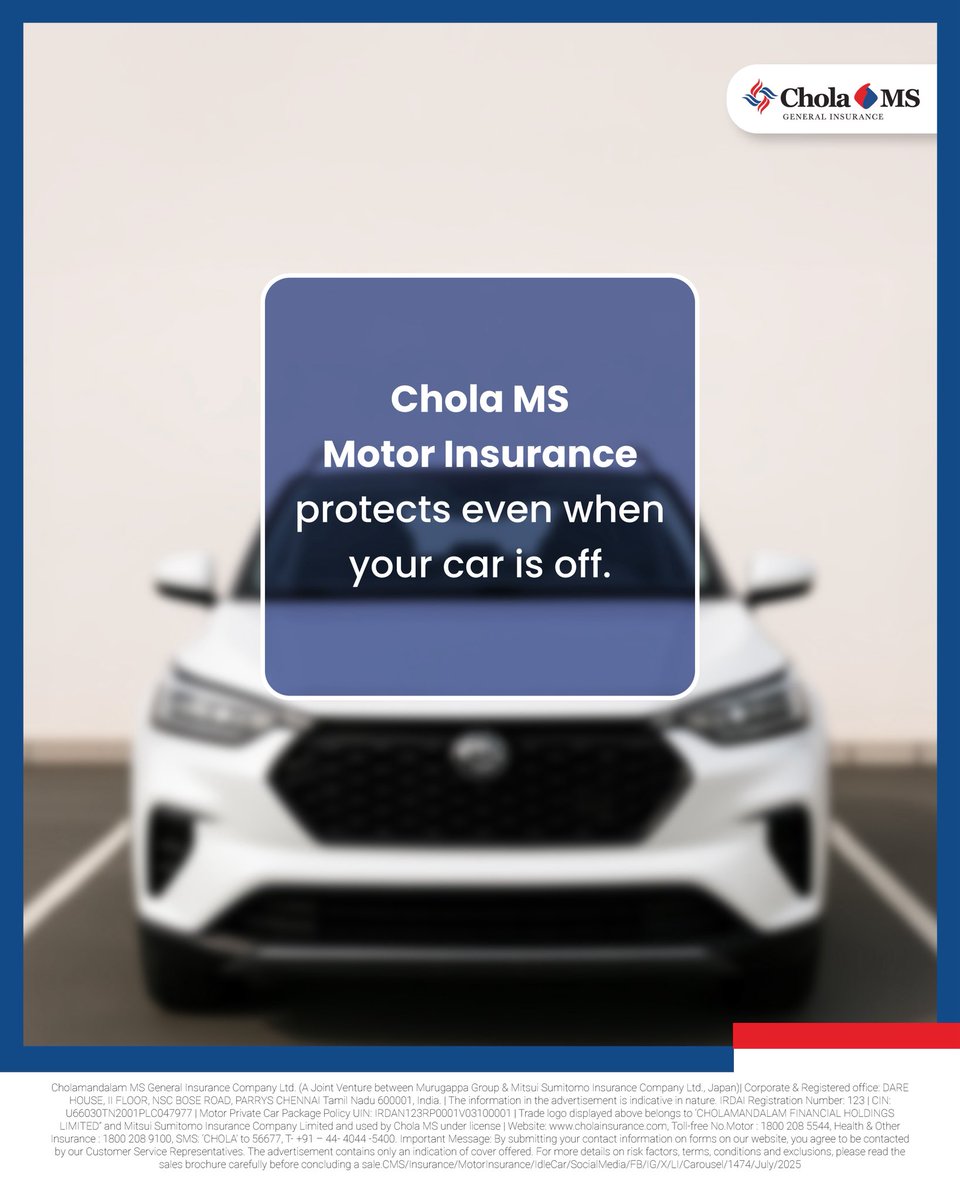 Your car isn’t just a vehicle, it’s an investment.
And every investment deserves protection. From accidents to unexpected damages, Chola MS Motor Insurance keeps you covered.

Insure today, drive worry-free tomorrow!

#CholaMS #StayProtected #StayInsured