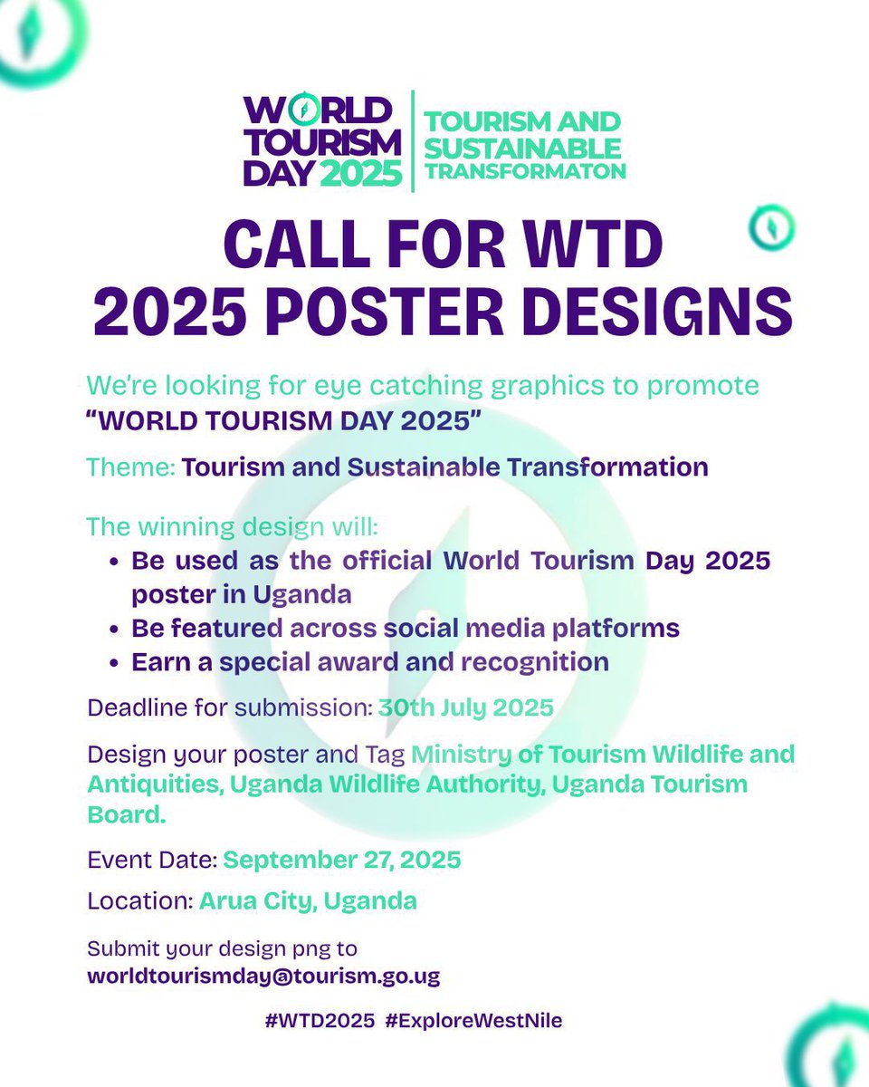 Kedithug's tweet image. The world is watching ……Show them what tourism in Uganda means to you — through your design!
3 days left to submit
#WTD2025
#ExploreWestNile #ExploreUganda