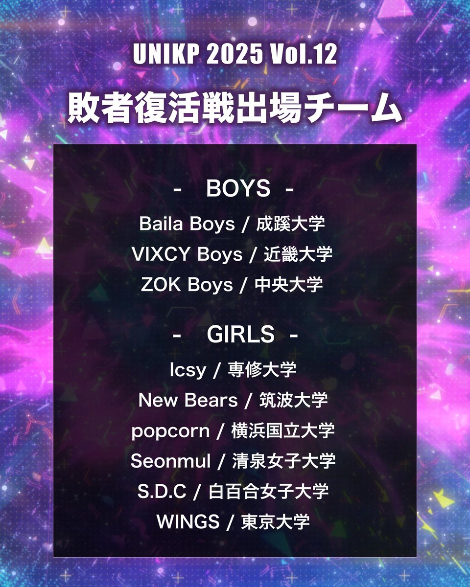 unikp_official's tweet photo. [ #UNIKP 2025 Vol.12]

▶ 決勝戦/敗者復活チーム発表

9/1(月)に” ＠ Zepp DiverCity(TOKYO) “にて行われます、決勝戦/敗者復活戦に進出するチームを公開🔥

詳しくは画像をチェック👀

#kpopdancecover #kpop #cover https://t.co/GPWe2Qn0RH