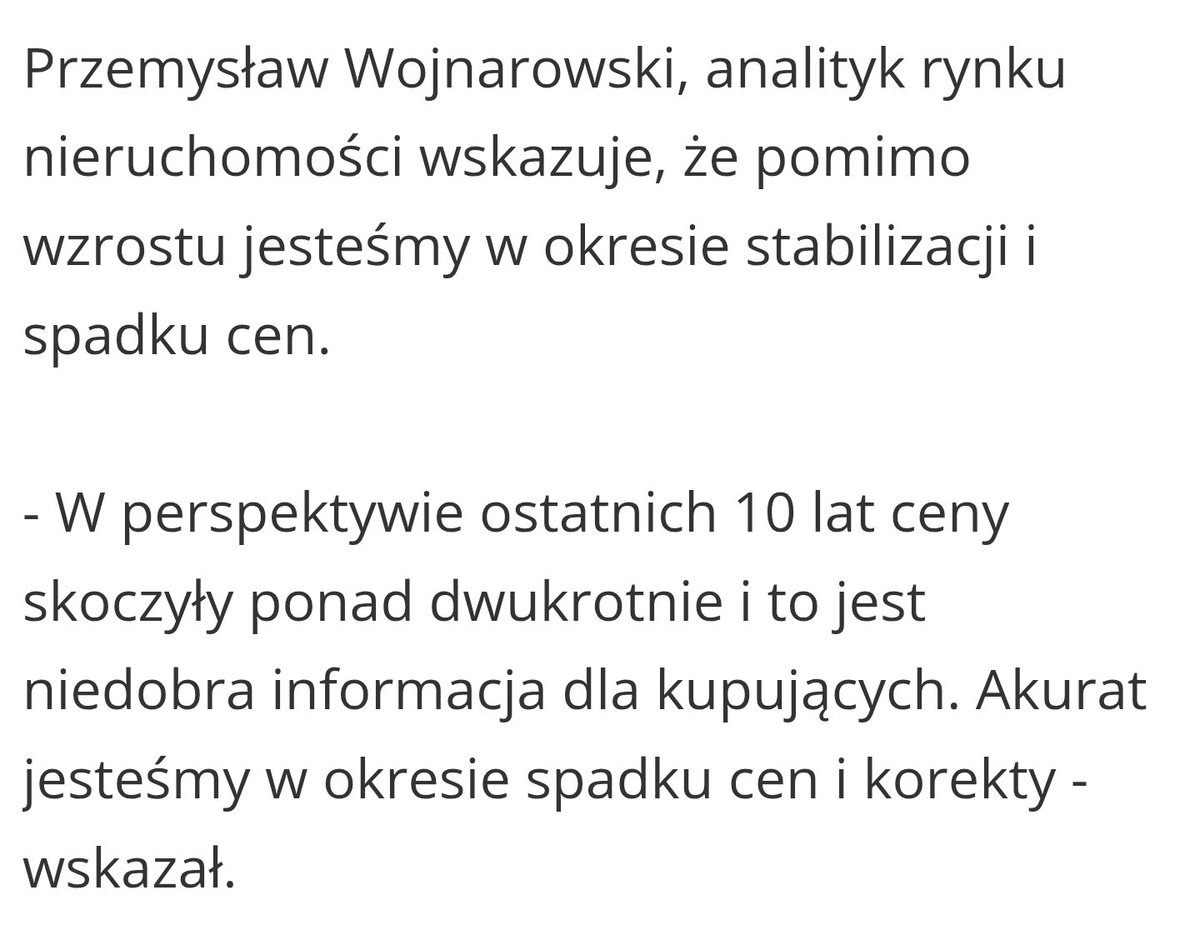 DawidParzyk's tweet image. "Przemysław Wojnarowski, analityk rynku nieruchomości wskazuje, że pomimo wzrostu jesteśmy w okresie stabilizacji i spadku cen.
- W perspektywie ostatnich 10 lat ceny skoczyły ponad dwukrotnie i to jest niedobra informacja dla kupujących. Akurat jesteśmy w okresie spadku cen i…