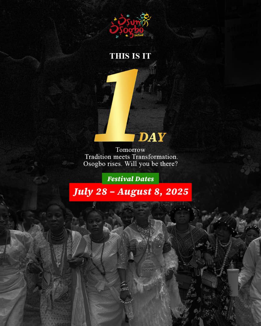 DukeOfOsun's tweet image. Countdown to Osun Osogbo Festival 2025
This is not just a festival.
This is Nigeria’s heritage in full glory.
This is Africa’s gift to the world.
From July 28 – August 8, 2025
Join the movement.
#OsunOsogbo2025
#NigeriaRising
#GlobalCulture
#OurHeritageOurPride