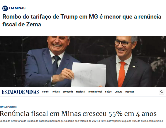 Enquanto o povo mineiro tá contando moedinha no fim do mês, o governo Zema bate recorde… de RENÚNCIA FISCAL!
Foram R$ 20,2 BILHÕES em 2024. Isso mesmo, bilhões com B de “Bom pra empresa, ruim pro Estado”.
Curioso, né?
 👉 O "rombo" estimado com as tarifas dos EUA é MENOR do que