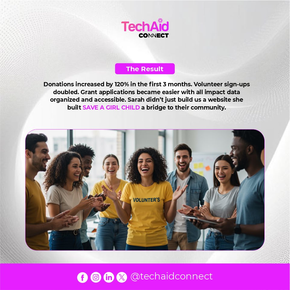 TechAidConnect's tweet image. Skilled volunteers like Sarah can multiply a nonprofit’s impact. Tech barriers shouldn’t hold back mission-driven work. Everyone has something to give, especially their expertise.
Tag a nonprofit that needs a glow-up!
#TechForGood #VolunteerImpact #NonprofitTech