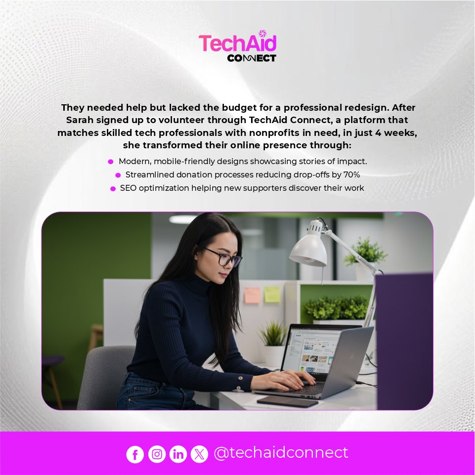 TechAidConnect's tweet image. Skilled volunteers like Sarah can multiply a nonprofit’s impact. Tech barriers shouldn’t hold back mission-driven work. Everyone has something to give, especially their expertise.
Tag a nonprofit that needs a glow-up!
#TechForGood #VolunteerImpact #NonprofitTech