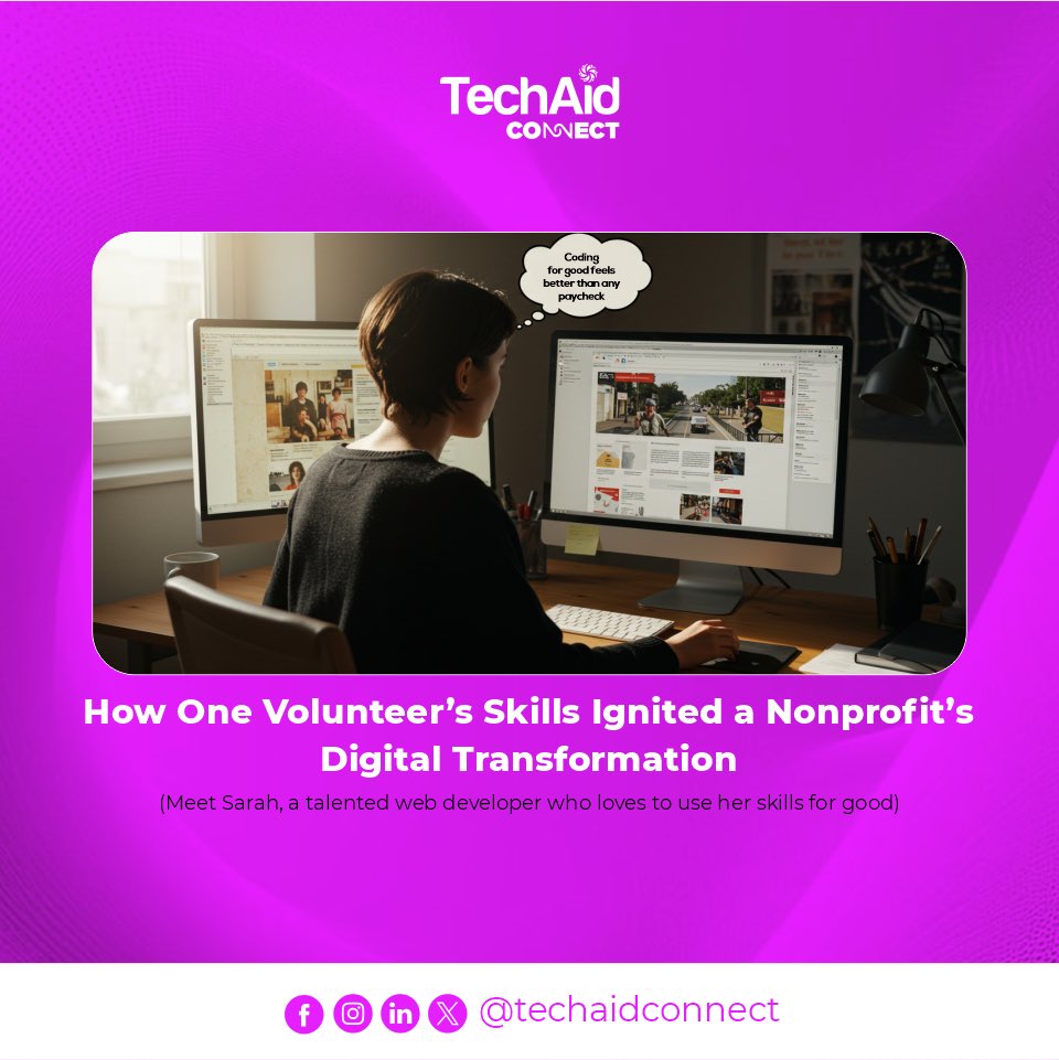 TechAidConnect's tweet image. Skilled volunteers like Sarah can multiply a nonprofit’s impact. Tech barriers shouldn’t hold back mission-driven work. Everyone has something to give, especially their expertise.
Tag a nonprofit that needs a glow-up!
#TechForGood #VolunteerImpact #NonprofitTech