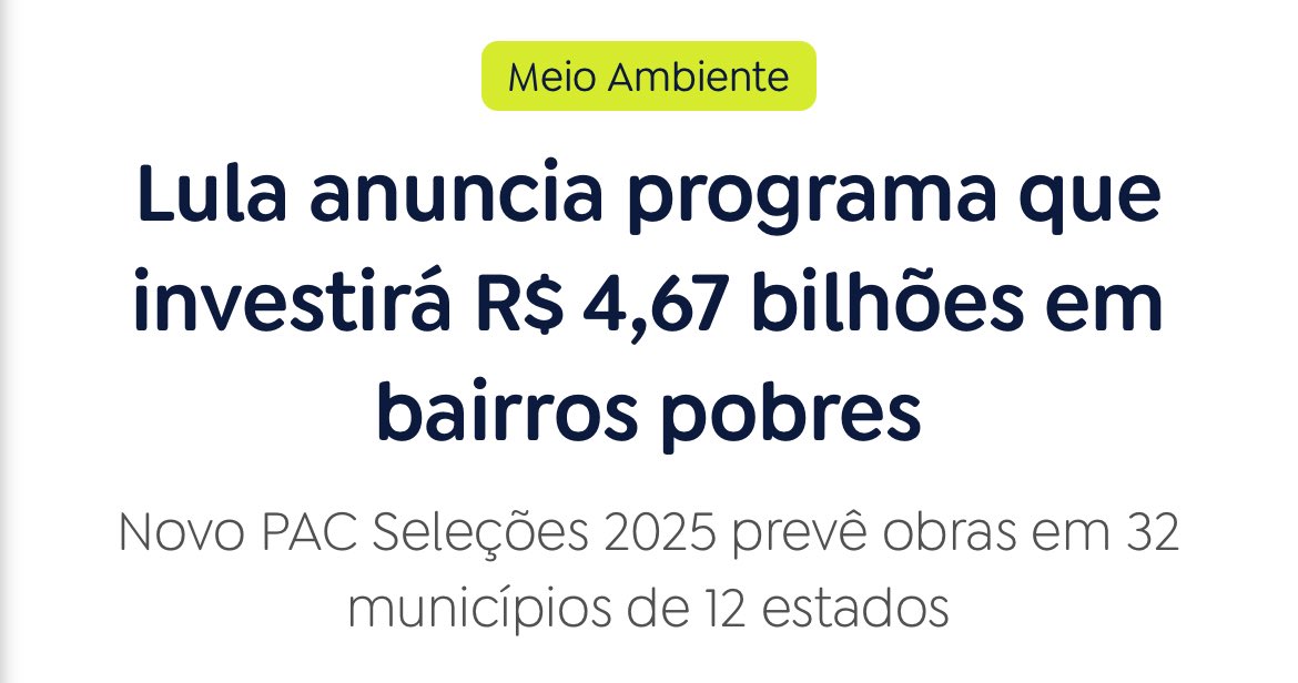 Cuidar das periferias do Brasil é justiça social, é política ambiental, é olhar o país todo em suas enormes diferenças. O presidente <a href="/LulaOficial/">Lula</a> vai investir R$ 4,67 bilhões para ações em 49 territórios periféricos de 12 estados, mais de 375 mil famílias beneficiadas.