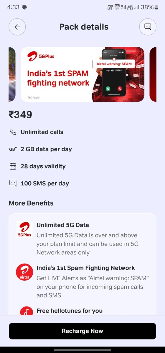 Sunilkumar99528's tweet photo. I have recharged for 349 rs plan which states that we get 2gb data and unlimited 5g , but after recharge it shows I get just 1.5gb data per day , no unlimited 5g also..  is this a scam ? 😡😡 @airtelindia @airtelnews @Airtel_Presence #airtel #scam #Airtel5G https://t.co/4QEgaTiwq4