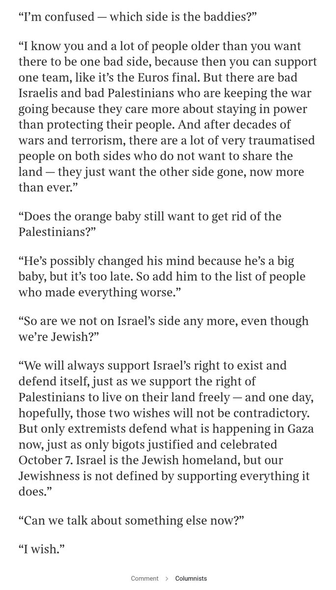 Tomos Doran 🏴 🇬🇧 🇺🇦 🇮🇱 🇵🇸 (@portraitinflesh) on Twitter photo I hope <a href="/HadleyFreeman/">Hadley Freeman</a> won't mind me sharing this from behind the Times paywall, but it's important. This is the best summary I've read of the authentically liberal position on Israel and Gaza, as well as the anguish and confusion many of my Jewish friends are feeling, right now. I hope <a href="/HadleyFreeman/">Hadley Freeman</a> won't mind me sharing this from behind the Times paywall, but it's important. This is the best summary I've read of the authentically liberal position on Israel and Gaza, as well as the anguish and confusion many of my Jewish friends are feeling, right now.