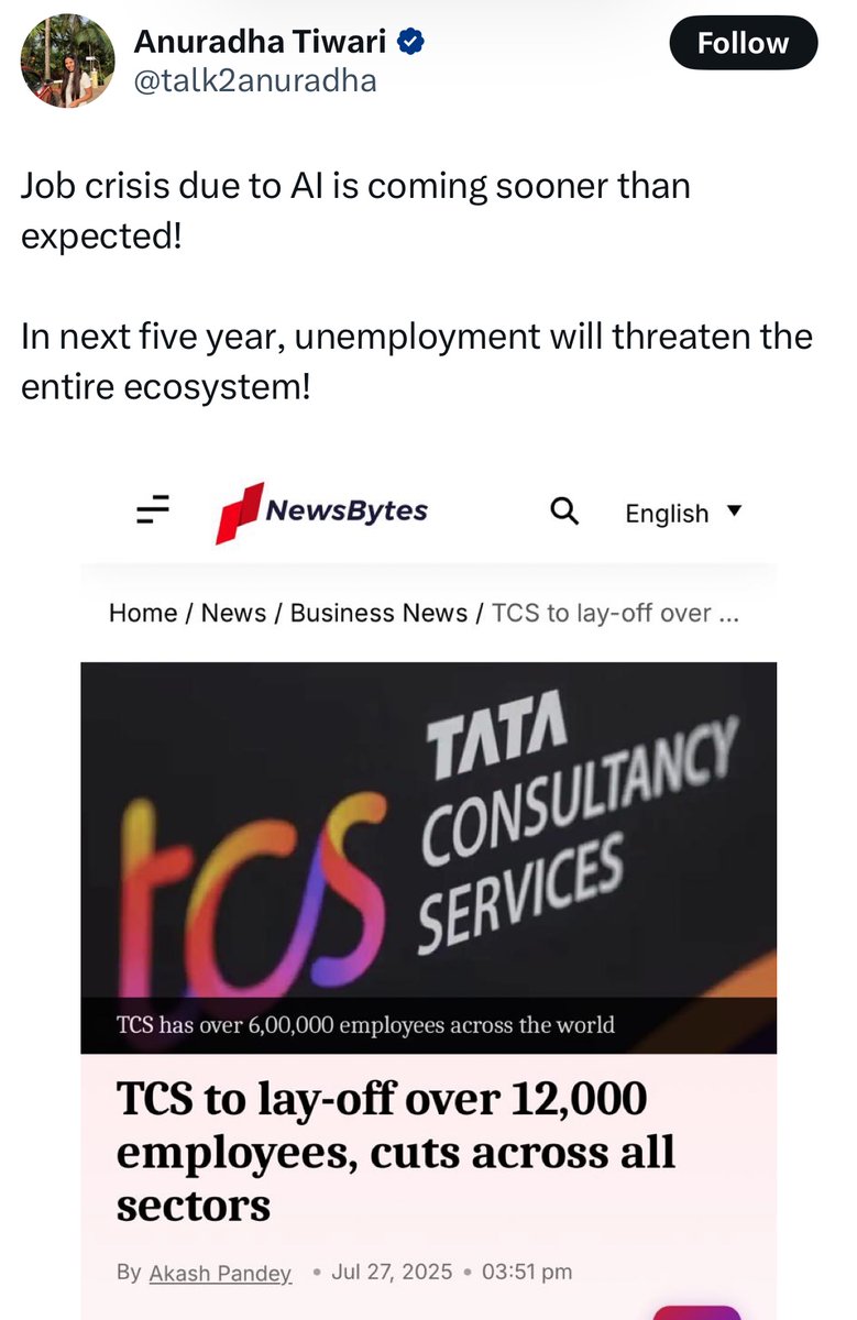 JaiBhimChron's tweet image. 🚨 New scam alert
TCS ने layoffs किए-
Reality: Global restructuring, efficiency, cost-cutting.
AI की वजह से सबकी नौकरी जाएगी, सिर्फ मेरी कोर्स से ही तुम बच सकते हो 😂