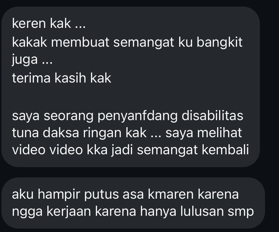 waktu awal kecelakaan, gue susah banget nemu sesama pengguna kursi roda. akhirnya gue mutusin bikin konten, biar mereka yang nemuin gue.

awalnya tujuan gue sederhana. tapi ternyata, bisa bermakna buat orang lain juga🥹💛