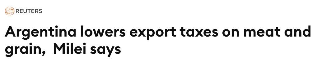 sizov_andre's tweet image. Argentina's @JMilei cuts export taxes ahead of October midterms 👏👏👏
🔻 #Corn, sorghum: 12% → 9.5%
🔻 #Soybeans: 33% → 26%
🔻 Poultry, beef: 6.75% → 5%
➡️ #Wheat stays at 9.5%
#oatt