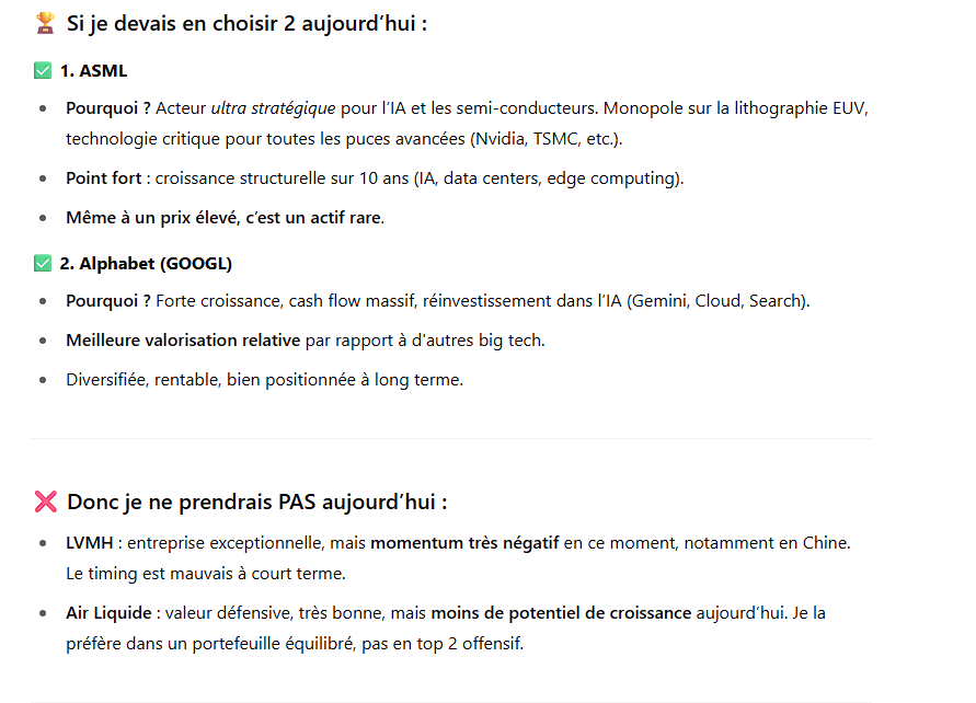 ApprendEnsemble's tweet image. 🤖 J'ai fait un test sur 4 actions en demandant à Chat GPT si je devais l'acheter maintenant ... Voici ses réponses 🙂🙃
Air Liquide 👉 Non ❌
Alphabet 👉 Oui ✅
ASML 👉 Non ❌
LVMH 👉 Oui ✅
🤔 Puis je lui ai demandé d'en choisir 2 entre les 4 à acheter maintenant pour voir…
