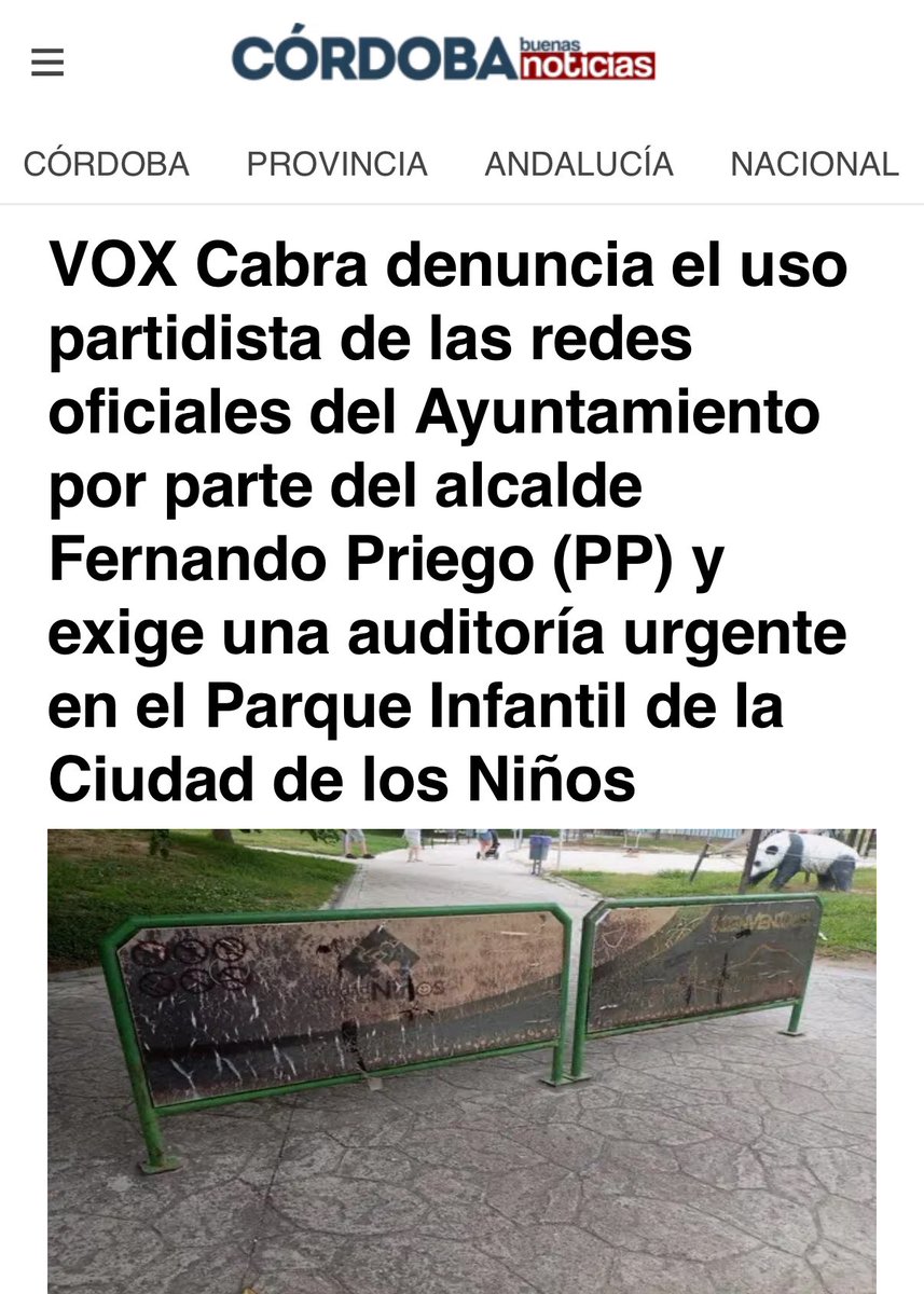 VOX Córdoba (@voxcordoba) on Twitter photo 🗣️ <a href="/PedroJPalomeque/">Pedro J PH</a>: “Denunciamos el uso partidista de las redes oficiales del Ayuntamiento de Cabra por parte del alcalde Fernando Priego”.
‼️ Solicitamos una auditoría técnica urgente del parque infantil “Ciudad de los Niños”.
📲 cordobabn.com/articulo/provi… 🗣️ <a href="/PedroJPalomeque/">Pedro J PH</a>: “Denunciamos el uso partidista de las redes oficiales del Ayuntamiento de Cabra por parte del alcalde Fernando Priego”.
‼️ Solicitamos una auditoría técnica urgente del parque infantil “Ciudad de los Niños”.
📲 cordobabn.com/articulo/provi…