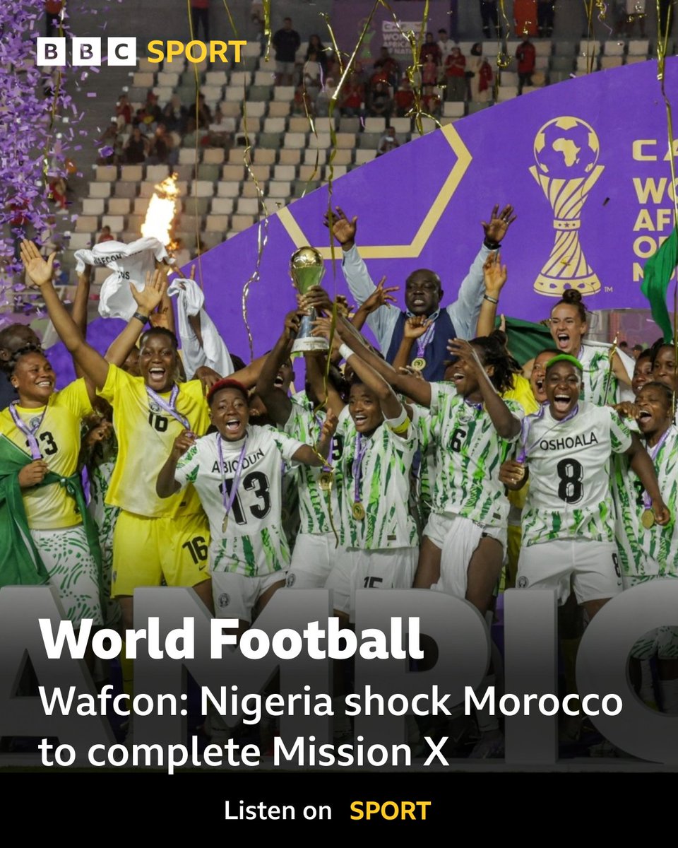 BBCWSSport's tweet image. "Mission X" complete ✅
Nigeria 🇳🇬 overturn a two-goal deficit to take home their 10th #Wafcon title 🏆🥳
How do Morocco 🇲🇦recover from losing their second successive final? 😢
@mazfaroo finds out more on #BBCWF at Wafcon 🔊👇
bbc.co.uk/programmes/p0l…
#bbcfootball