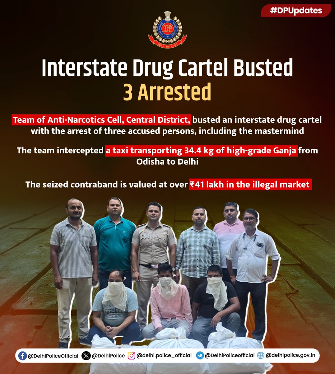 DelhiPolice's tweet image. Team of @DCPCentralDelhi, acting on a tip-off, busted an interstate drug cartel and arrested 3 accused, including the mastermind, with 34.4 kg of high-grade Ganja.
The contraband, worth ₹41 lakh, was being transported from Odisha to Delhi, concealed in a hired taxi to avoid…