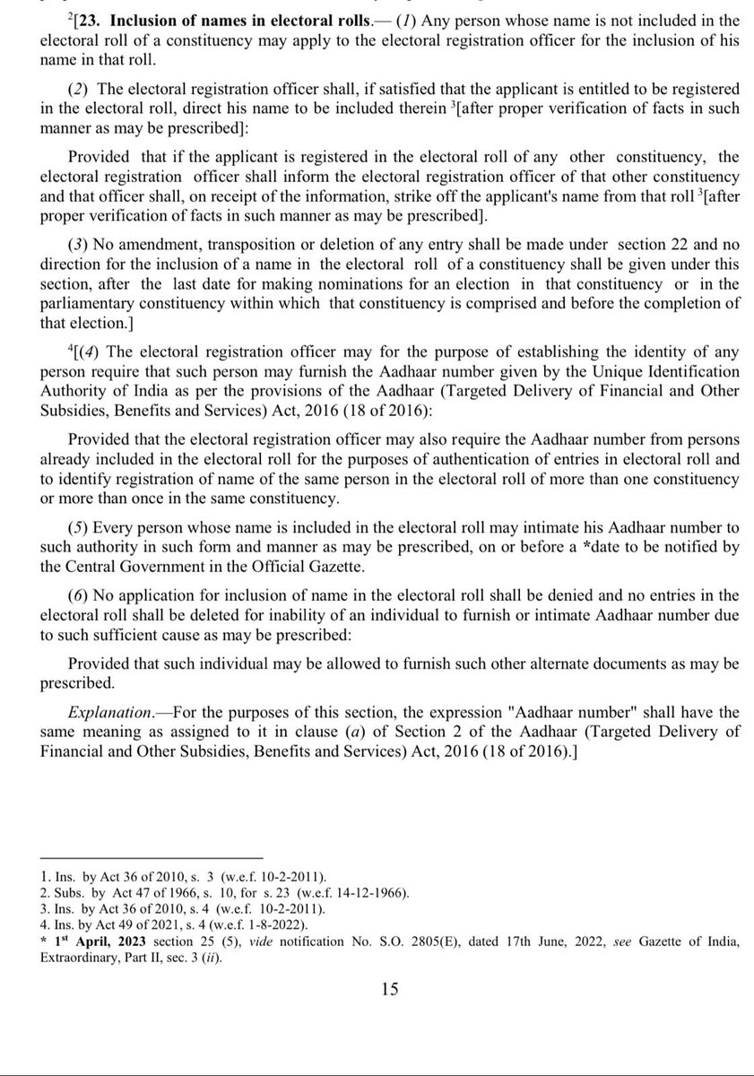 ManishTewari's tweet image. Section THE REPRESENTATION OF THE PEOPLE ACT, 1950
Sections 23 ( 4 ) & (5 ) specifically provides that Aadhar would be a valid form of identification for proving identity.
Ironically Sub Section 4 & 5 were inserted w.e.f. from 1.8.2022 during the previous reign of the current…