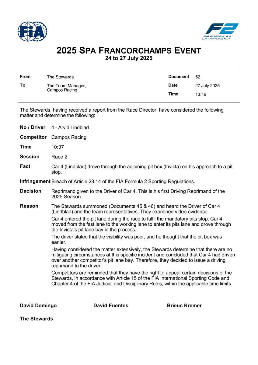 f2docsbot's tweet image. New document: Doc 52 - INFRINGEMENT - Car 4 - drove through adjoining pit box
Published on 27.07.25 13:20 CET
fia.com/system/files/d…
#F2 #Formula1 #FIA