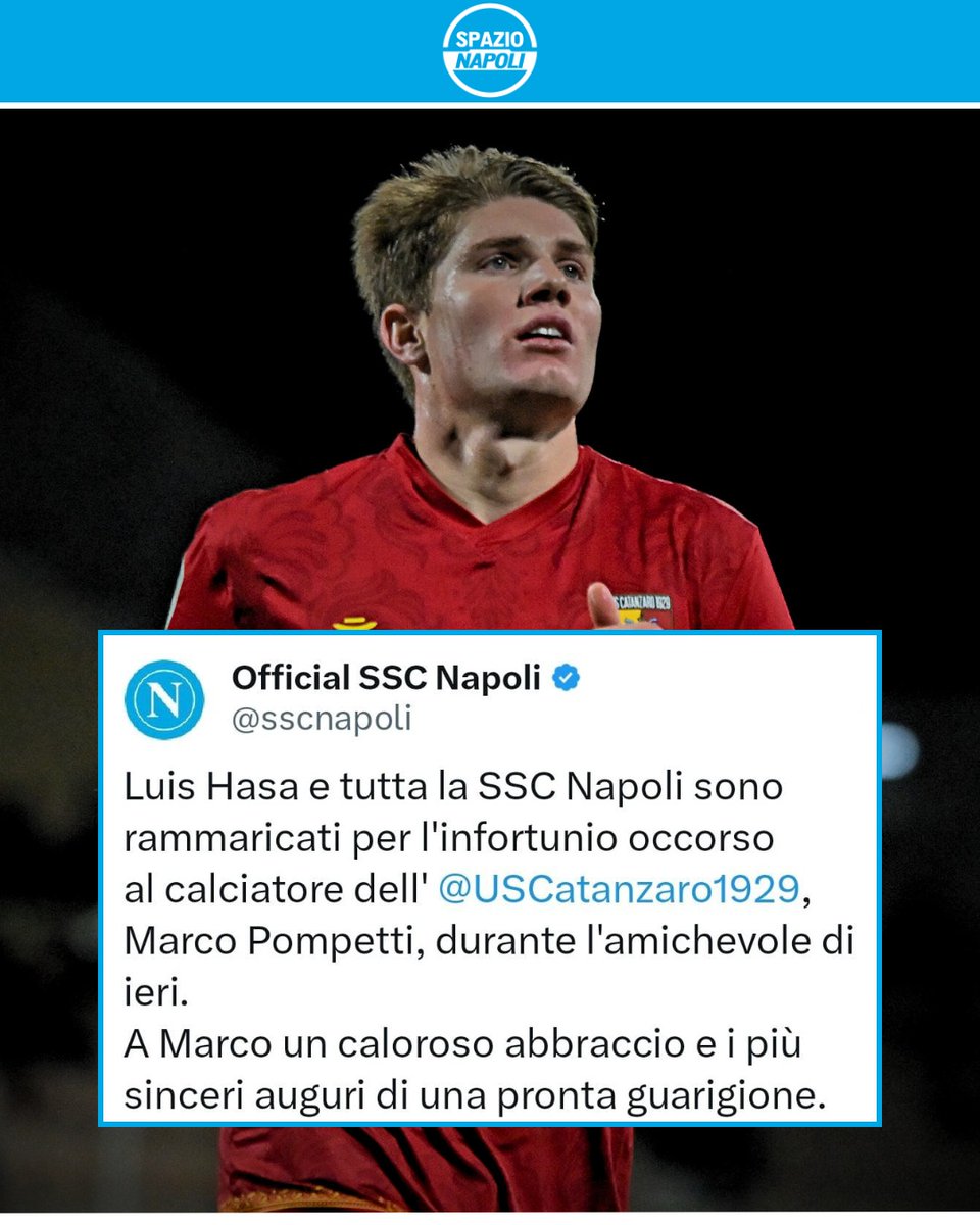 Spazio_Napoli's tweet image. Al 58' dell'amichevole Napoli-Catanzaro, in seguito ad un contrasto fortuito con Luis Hasa, Marco Pompetti è rimasto a terra visibilmente dolorante ❌
Soccorso dai sanitari il giallorosso è invece uscito sorretto dai medici intervenuti sul prato verde della…