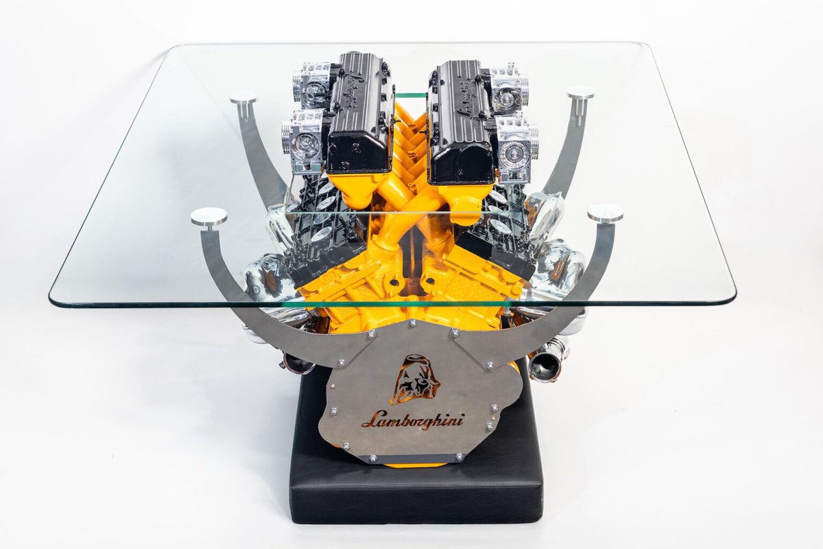 Silodrome's tweet image. This is a coffee table made from a real Lamborghini Murcielago V12. It has a half-inch-thick tempered glass table top with a cutout center section to allow the intake to rise through the middle.
Link: silodrome.com/lamborghini-mu…