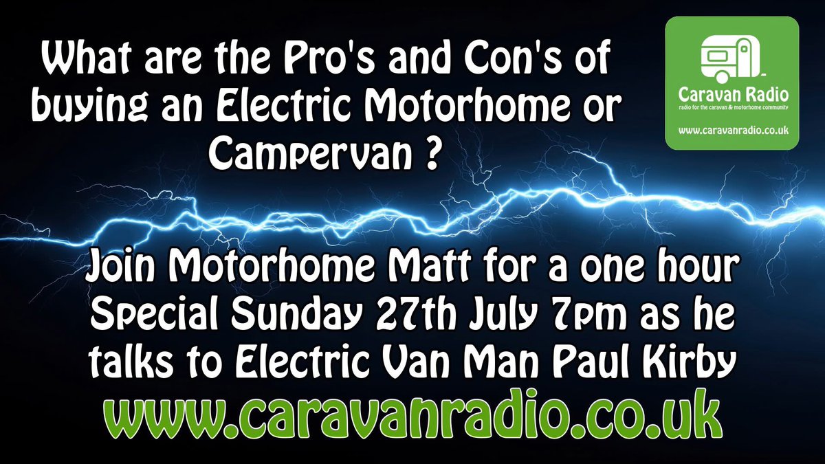 Tonight at 7pm a Caravan Radio Special with Motorhome Matt and Paul Kirby talking about what we can expect when it comes to Electric Motorhomes and Campervans listen tonight caravanradio.co.uk/listen-live and on all smart speakers TuneIn and  myTuner Apps. caravanradio.co.uk/app