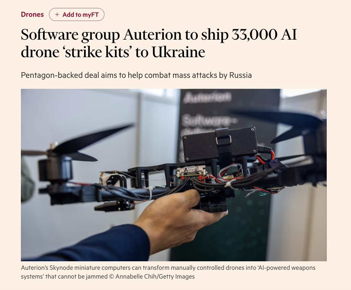 mikailme's tweet image. Компания Auterion заключила контракт с Пентагоном на поставку 33 000 AI‑strike kits Украине до конца 2025 года: это решение позволяет превратить обычные FPV‑дроны в автономные ударные системы с ИИ‑целевыми алгоритмами и защитой от глушения.