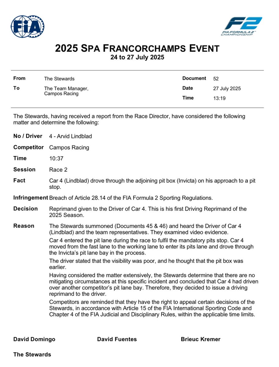 RBJTUpdates's tweet image. 🆕 | Arvid Lindblad has been given a reprimand for driving through Invicta's pit box.
#RBJT #F2 #BelgianGP