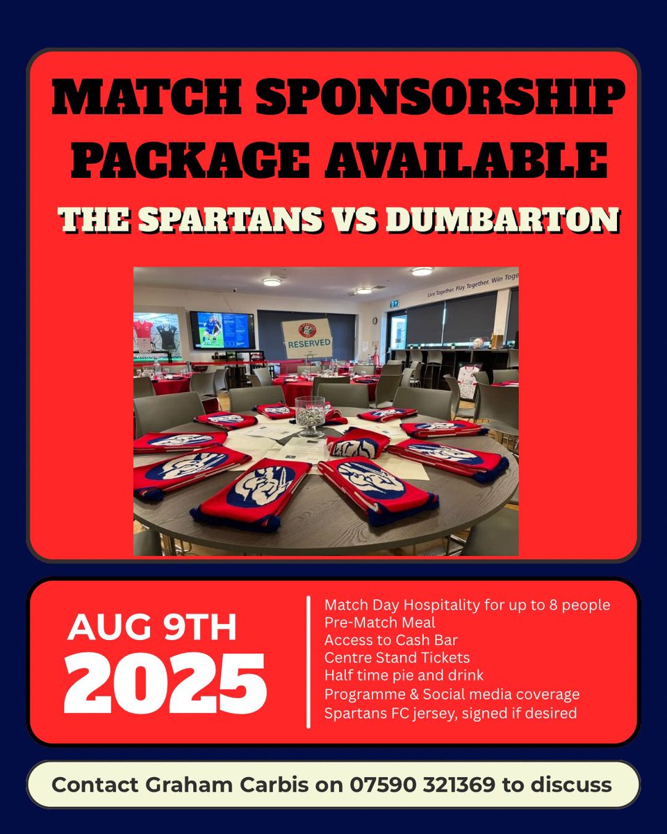 SpartansFC's tweet image. Match sponsorship is an excellent way to entertain clients & colleagues and promote & advertise your company, whilst enjoying a great day out.
We currently have an opportunity to be the headline match day sponsor for our opening home game of the SPFL 2 campaign.