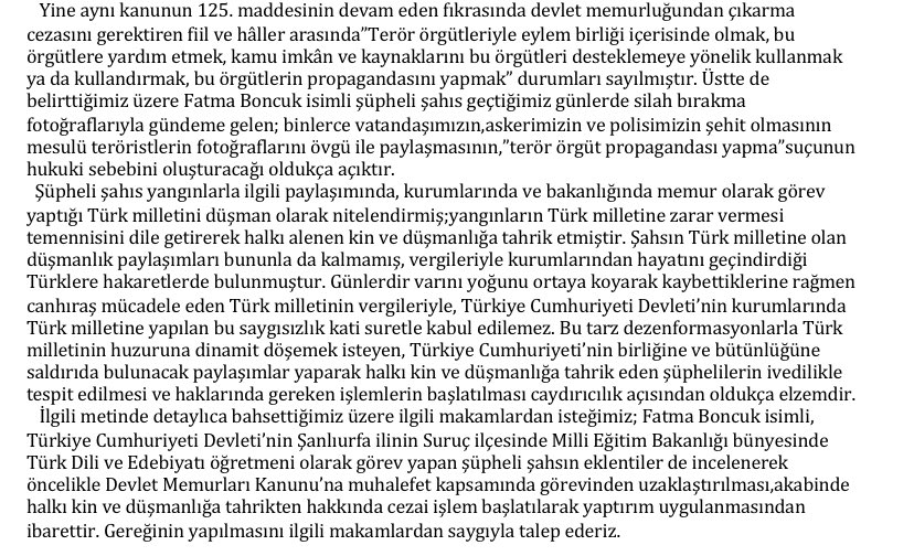 şahıs ile ilgili bir cimer metni oluşturdum,isteyen herkese özelden göndereceğim. 
pkk’lı doktor hakkında halkı kin ve düşmanlığa tahrik suçunu teyit eden bir geri dönüş almıştık ancak peşine düşmemize rağmen üstü kapatılmıştı. bu sefer kapattırmak da yok

rt bra @FatmaBoncuk5