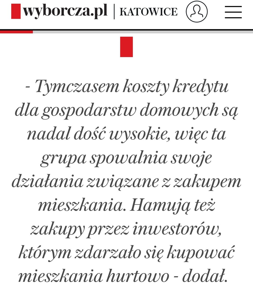 DawidParzyk's tweet image. "Tymczasem koszty kredytu dla gospodarstw domowych są nadal dość wysokie, więc ta grupa spowalnia swoje działania związane z zakupem mieszkania. Hamują też zakupy przez inwestorów, którym zdarzało się kupować mieszkania hurtowo"
katowice.wyborcza.pl/katowice/7,350…