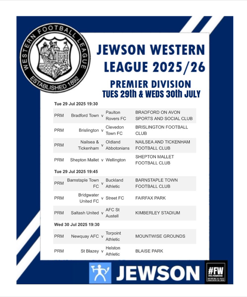 _WesternLeague_'s tweet photo. Here’s our @Jewson Western League fixtures for Tuesday and Wednesday next week in the Premier Division…. Let’s hope for plenty more goals and talking points after a successful weekend of football… #JewsonWesternLeague #MidweekGames https://t.co/CUcvDNnL3T