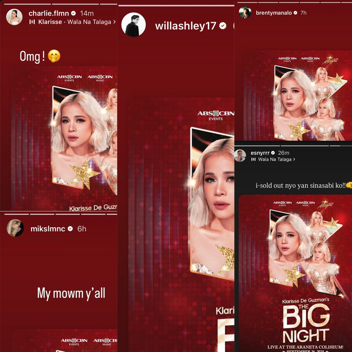 essiraIk's tweet image. esnyr, charlie, mika, brent, and will’s instagram stories supporting ate klang ❤️ + bianca, dustin, michael, and vince’s comments 🥹🫶🏻
KLARISSE THE BIG NIGHT