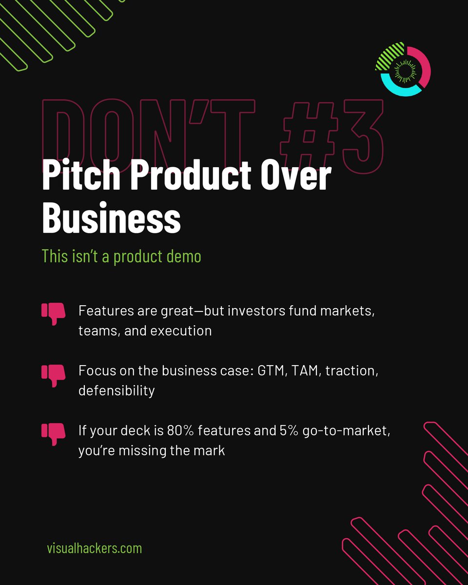 Visual_Hackers's tweet image. After reviewing hundreds of decks (and watching investors' reactions firsthand), we've distilled a short list of high-impact Don’ts. If you're gearing up for a raise, or just tightening your pitch strategy, this is your checklist for making it count.