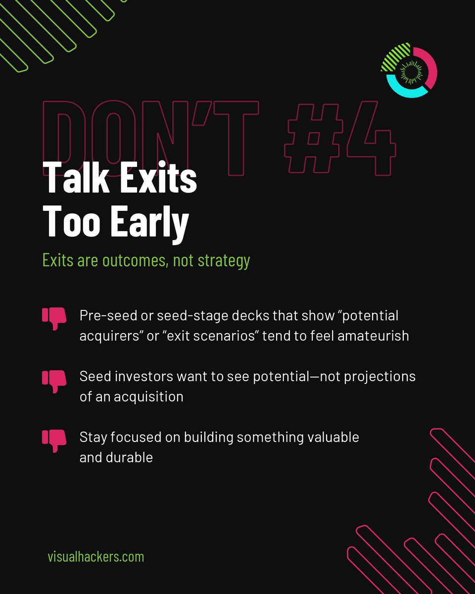 Visual_Hackers's tweet image. After reviewing hundreds of decks (and watching investors' reactions firsthand), we've distilled a short list of high-impact Don’ts. If you're gearing up for a raise, or just tightening your pitch strategy, this is your checklist for making it count.