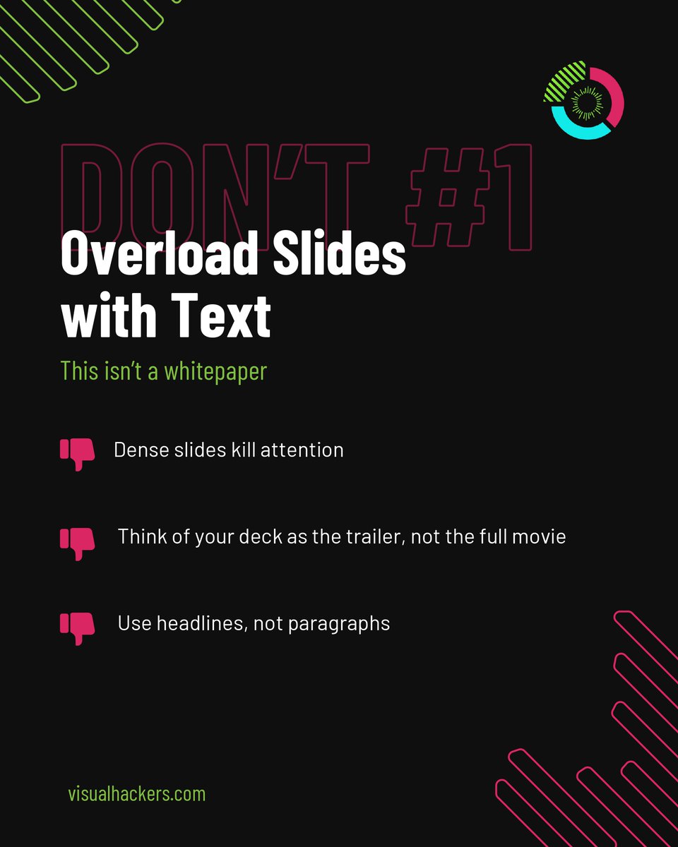Visual_Hackers's tweet image. After reviewing hundreds of decks (and watching investors' reactions firsthand), we've distilled a short list of high-impact Don’ts. If you're gearing up for a raise, or just tightening your pitch strategy, this is your checklist for making it count.