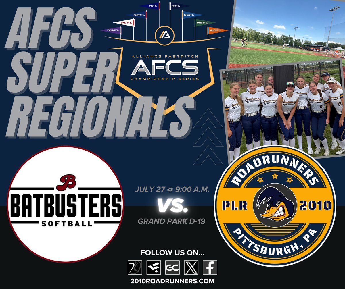2010Roadrunners's tweet image. Super Regionals start this morning at the AFCS as Roadrunners 2010 plays in an East Coast vs. West Coast match-up against the California Batbusters. @Bullpenevents @NEFLfastpitch @thealliancefp