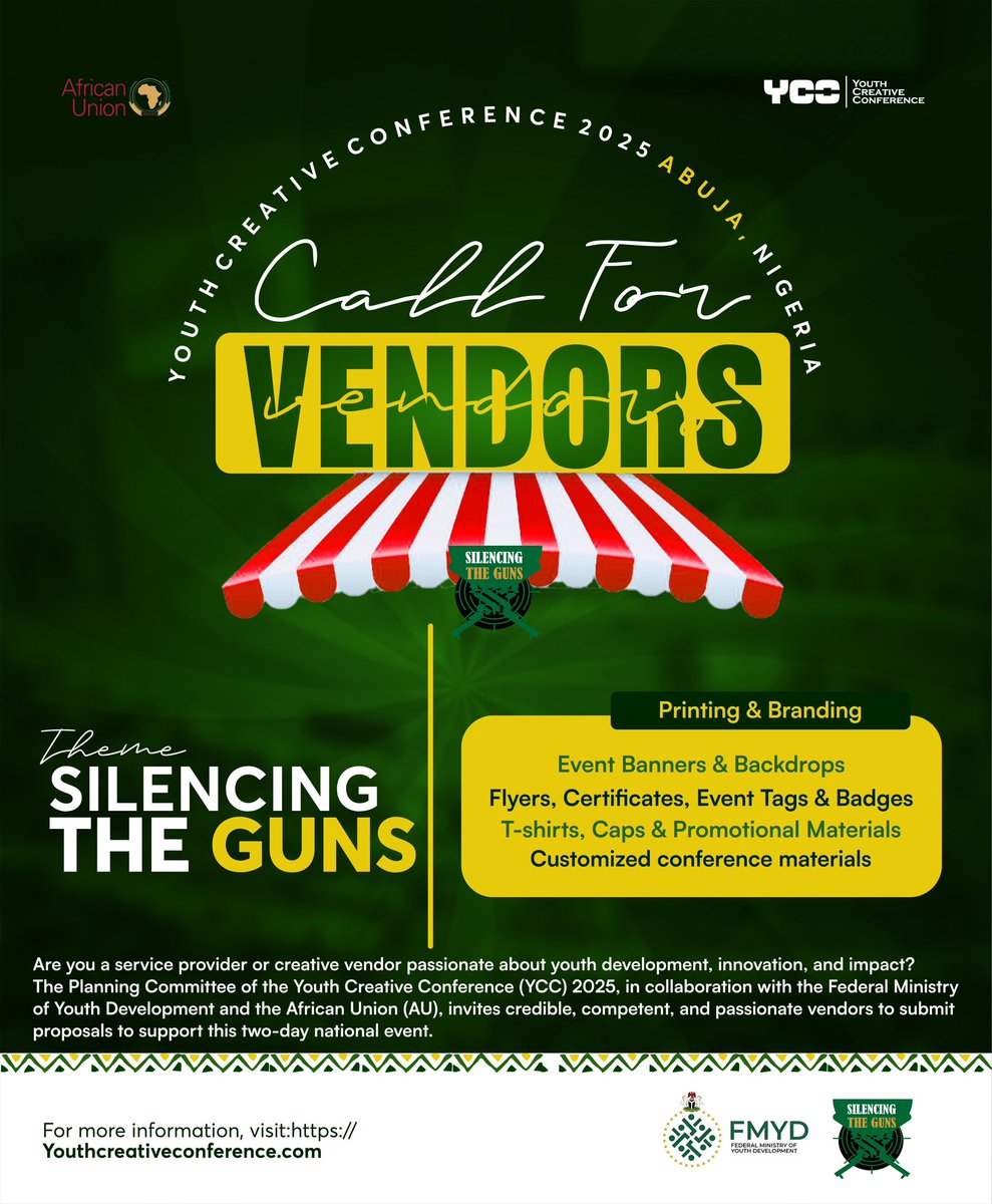 Are you a service provider or creative vendor passionate about youth development, innovation, and impact?
The Planning Committee of the Youth Creative Conference (YCC) 2025, in collaboration with the Federal Ministry of Youth Development and the African Union (AU)