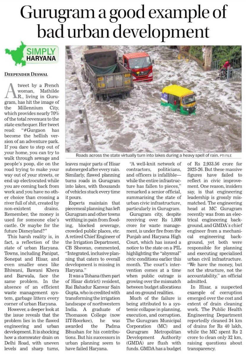 rssurjewala's tweet image. Gurugram: Where 70% of Haryana’s revenue sinks beneath 7 inches of rainwater.
The ‘Millennium City’ is now India’s unofficial “Water Kingdom”, except the entry ticket is taxes, and the ride is a “flooded road” with “live electric wires”.
Gurugram is where Sewage overflows,…